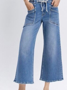 VERVET  Women's Light Blue Cropped Wide-Leg Jeans with Drawstring Waist